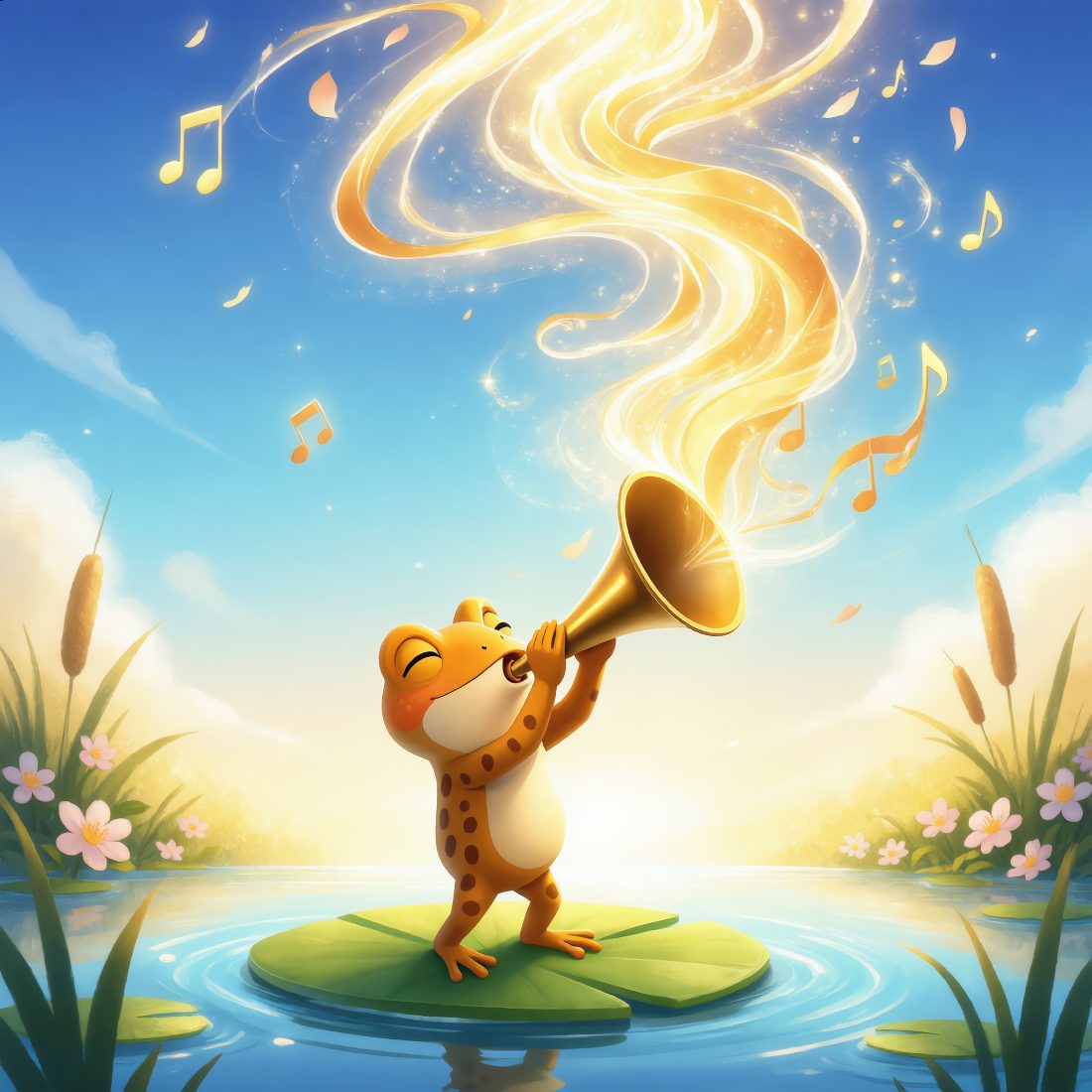 Pippin playing his trumpet on a lily pad