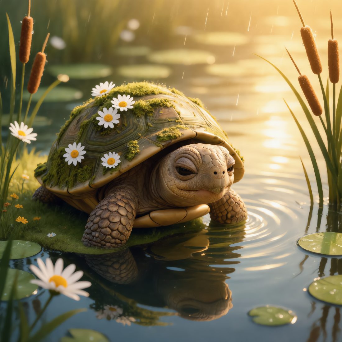 Tuck the turtle by the rain-washed pond